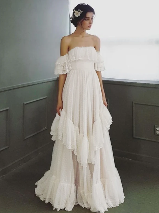Elegant Ivory Lace Off-the-shoulder A-Line Tiered Wedding Dress TP4817