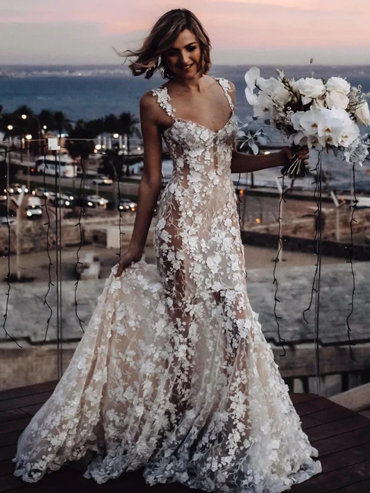 Elegant White Applique Straps Mermaid Long Wedding Dress TP4819