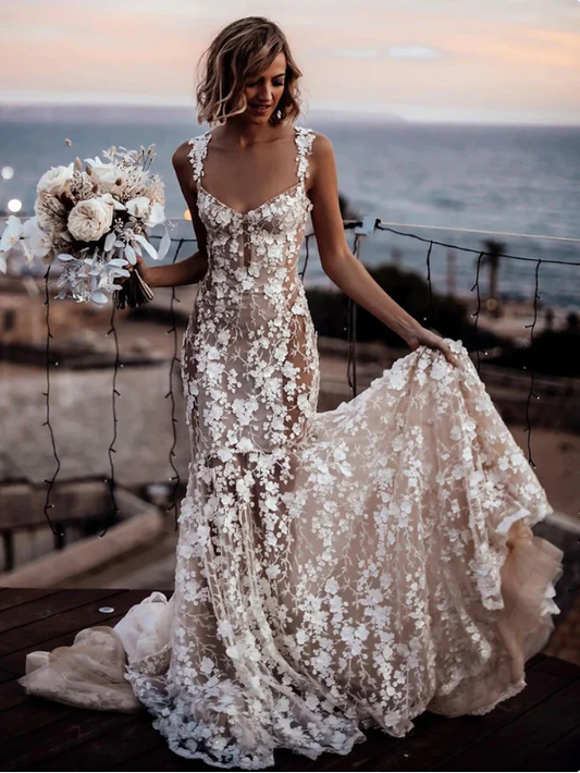 Elegant White Applique Straps Mermaid Long Wedding Dress TP4819