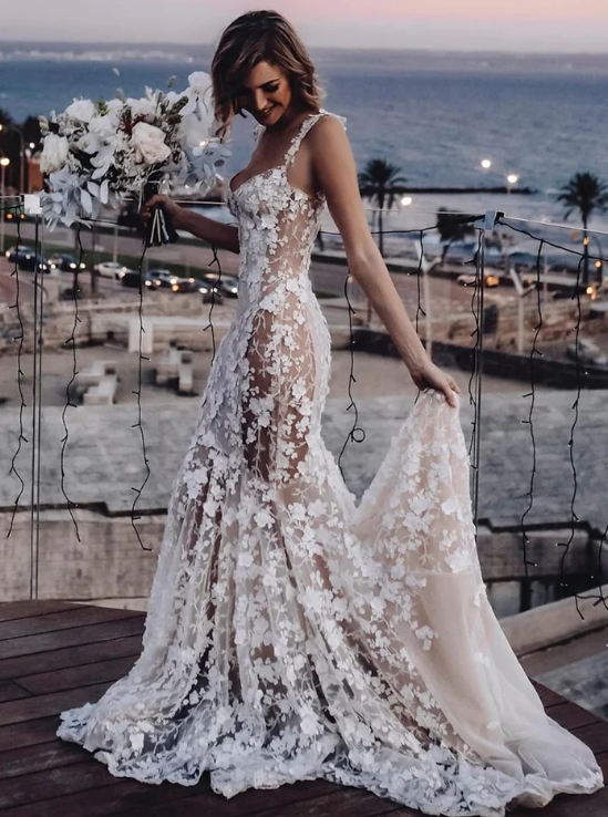 Elegant White Applique Straps Mermaid Long Wedding Dress TP4819