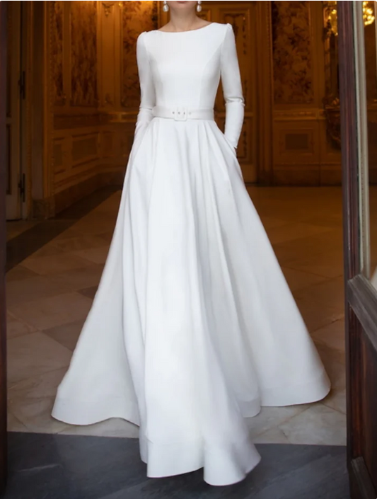 Elegant White Beaded A-Line  Long-sleeve Trailing Long Wedding Dress TP4828