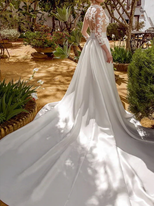Elegant White Satin Applique V-neck A-Line Long-sleeve Trailing Long Wedding Dress TP4829