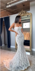 Elegant White Lace Spaghetti Strap Mermaid Trailing Long Wedding Dress TP4837