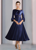 Elegant Embroidery Satin A-Line Mother of Bride Dress Bateau Neck Evening Gown Tea Length Formal Dress TP4881