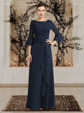 Elegant Navy Blue Embroidery Mother of Bride Dress Jewel Neck Evening Gown Ruffled Long Formal Dress TP4878