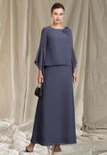 Elegant Chiffon Long-sleeved Two Piece Mother of Bride Dress Jewel Neck Evening Gown Long Formal Dress TP4877