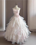 Chic Light Pink A-Line Evening Gown Strapless 3D Flowers  Ball Gown Long Ruffled Tulle Formal Dress TP4912