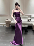 Chic Purple Satin Sheath Evening Gown Strapless Party Dress Long Formal Dress TP4917