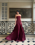 Elegant Burgundy Satin A-Line Evening Gown Strapless Party Dress Long Formal Dress TP4922