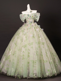 Elegant Light Green Tulle Floral Sweet 16 Quinceanera A-Line Off-the-shoulder Evening Dress Long Ball Gown TP4937