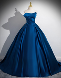 Elegant Royal Blue Satin Sweet 16 Quinceanera A-Line Strapless Evening Dress Long Ball Gown TP4944