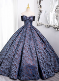 Vintage Floral Satin Sweet 16 Quinceanera Bow Off-the-shoulder Evening Dress Long Ball Gown TP4946