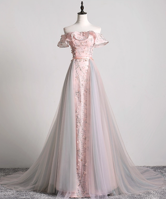 Vintage Pink Floral Applique A-Line Evening Gown Tulle Off-the-shoulder Party Dress Long Formal Dress TP4950