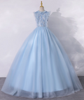 Vintage Sky Blue Applique Beaded A-Line Evening Gown Tulle Collar Party Dress Sleeveless Long Formal Dress TP4952