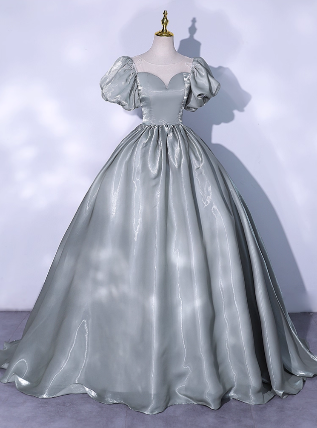 Vintage Greyish-green Satin A-Line Evening Gown Sweetheart Puffy Sleeve Party Dress Long Formal Dress TP4953