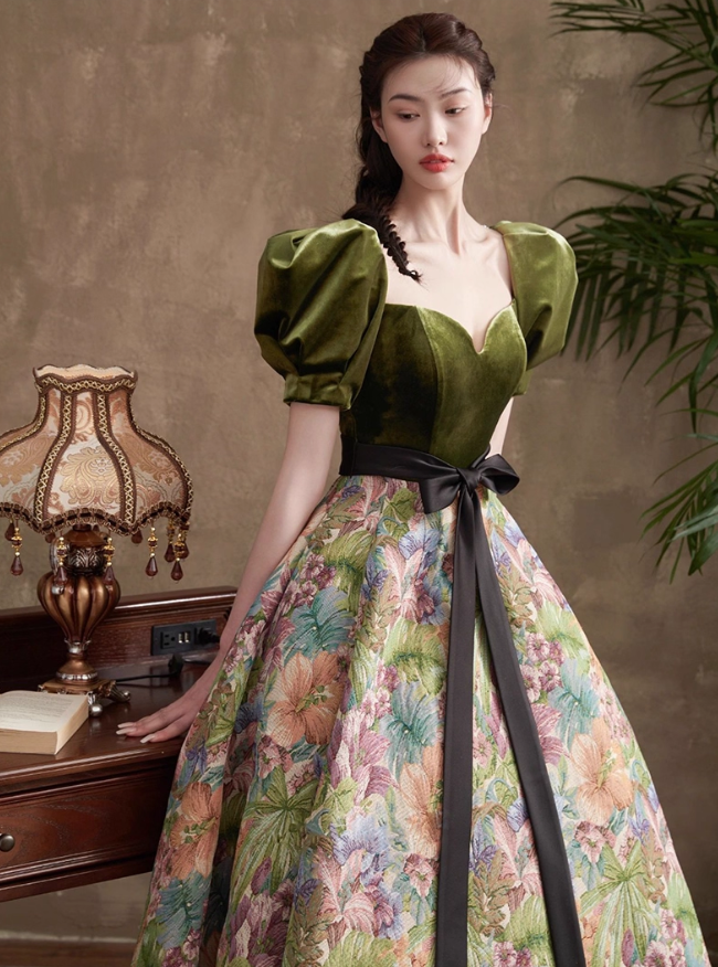 Vintage Court Retro Style A-Line Evening Gown Sweetheart Puffy Sleeve Party Dress Long Formal Dress TP4955