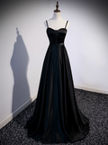 Vintage Black Satin A-Line Evening Gown Sweetheart Spaghetti Strap Party Dress Long Formal Dress TP4956