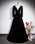Elegant Black Velvet Beaded A-Line Evening Gown Long-sleeved V-neck Party Dress Long Formal Dress TP4960