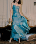 Vintage Sweetheart Sheath Spaghetti Strap Evening Dress Ruffled Long Prom Dress TP4993