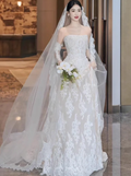 Vintage White Lace Applique A-Line Strapless Tulle Wedding Dress TP5029