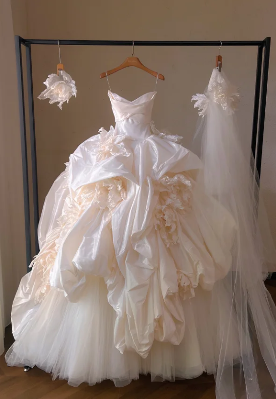 Gorgeous Ivory 3D Flowers Strapless A-Line Satin Long Wedding Dress TP5035