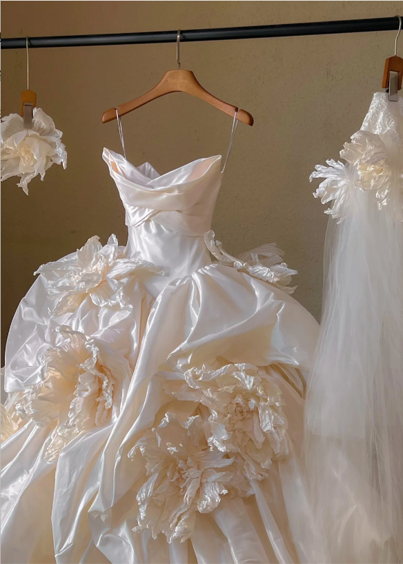 Gorgeous Ivory 3D Flowers Strapless A-Line Satin Long Wedding Dress TP5035