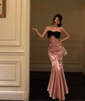Elegant Pink Satin Mermaid  Black Strapless Bodice Evening Gown TP5117