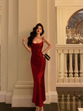 Elegant Burgundy Satin Spaghetti Strap Mermaid Evening Gown TP5122