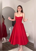 Vintage-Inspired Elegant Red Spaghetti Strap Midi A-Line Evening Dress TP5128