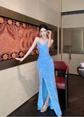 Vintage Sky Blue V-Neck Sequin Evening Gown Sheath Slit Prom Dress TP5145