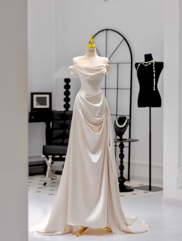 Glamorous Ivory Satin Off-Shoulder Wedding Dress Sheath Bridal Gown TP5237