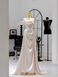 Glamorous Ivory Satin Off-Shoulder Wedding Dress Sheath Bridal Gown TP5237