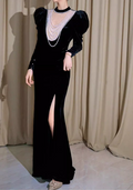 Vintage-Inspired Black Velvet Sheath Puff Sleeves Layered Pearl Neckline High Slit Evening Gown TP5266
