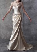 Luxurious One-Shoulder Ivory Satin Mermaid Pearl Draped Evening Gown TP5269