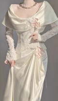 Glamorous Ivory Lace & Satin Off-Shoulder Capelet Ruffled Long Lace Sleeves Wedding Dress TP5303