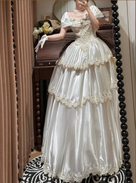 Vintage Ivory Satin Puff Sleeves Tiered Lace Trim Wedding Dress TP5451