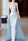 Glamorous Light Blue Strapless Sheath Floral Embroidered Satin Evening Gown TP5431