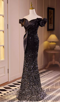 Vintage Black Off-Shoulder Sequin Mermaid Evening Gown TP5464