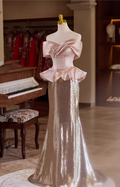 Vintage Pink & Rose Gold Glitter Satin Sheath Off-Shoulder Peplum Evening Gown TP5468