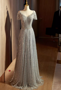 Vintage Silver Beaded A-Line Off-Shoulder Tulle Evening Gown TP5471