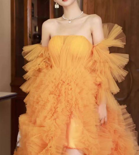 Glamorous Orange Tiered Tulle Off-Shoulder Ruffles High Slit Evening Gown TP5476