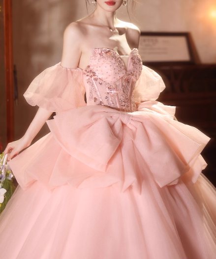 Glamorous Pink Tulle Off-Shoulder Puff Sleeves Beaded Sweet 15 Quinceanera Ball Gown TP5482