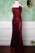 Elegant Satin Spaghetti Strap Prom Dress Sheath 3D Flower Evening Gown TP5532