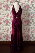 Vintage Burgundy Velvet Halter-Neck Cutout Back Floral Print Formal Evening Gown TP5535