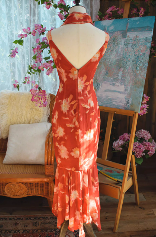 Vintage Coral Red Satin Mermaid Prom Dress Floral Print Evening Gown TP5543