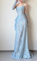 Vintage Light Blue Strapless Lace Evening Gown with Long Gloves Evening Gown TP5548