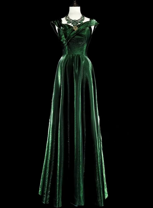 Vintage Emerald Green Velvet Off-Shoulder Formal Gown Floor-Length Evening Gown TP5549