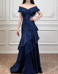 Vintage Navy Blue Satin Off-Shoulder Mermaid Tiered Ruffle Evening Gown TP5558