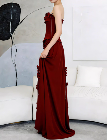 Vintage Burgundy Strapless 3D Floral  Sheath Evening Gown TP5560