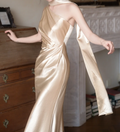 Elegant Champagne One-Shoulder Sheath Evening Gown Ruched Satin Prom Dress TP5584